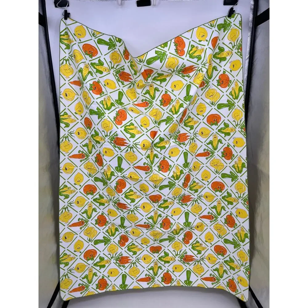 Vintage 70s Hildi Fruit and Vegetable Tablecloth 69x53 in Anthropomorphic Vinyl